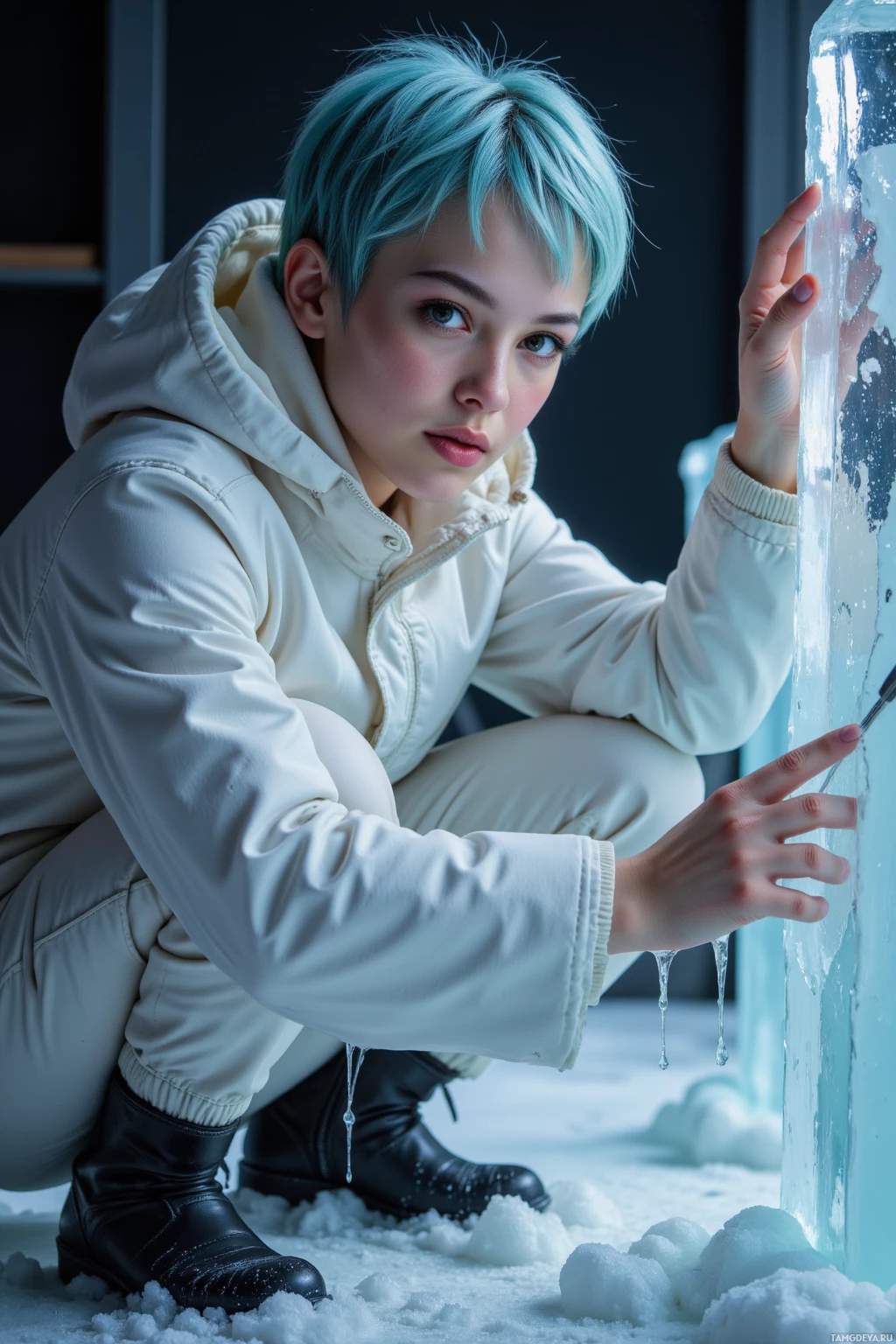 A person with short blue hair, wearing a white jacket and black boots, crouches beside a large block of ice.