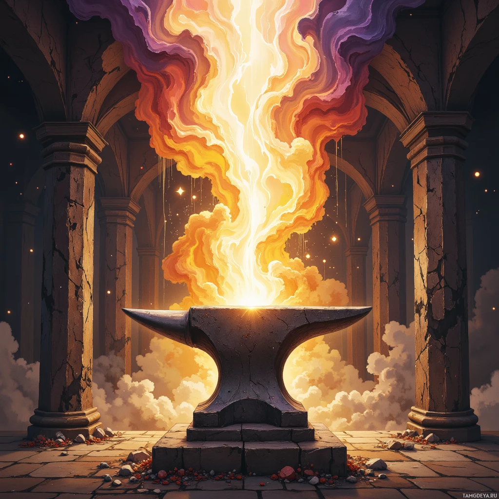 A glowing anvil emits radiant light and colorful flames within an ancient, cracked stone structure.