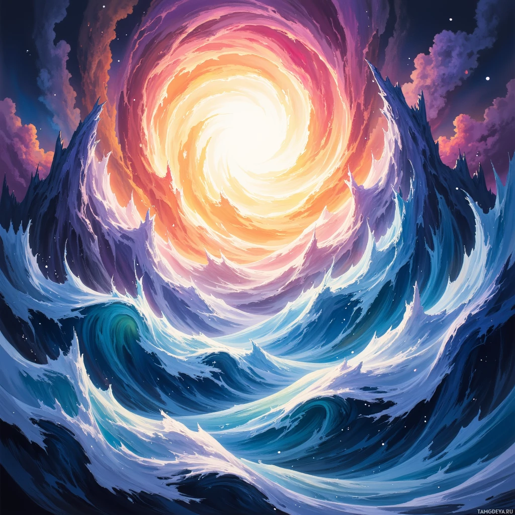 A swirling vortex of vibrant colors and dynamic waves against a starry night sky.