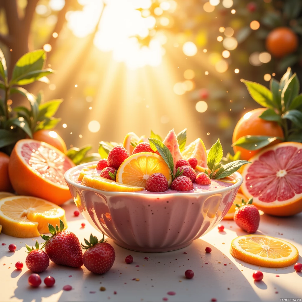 A bowl of fresh fruit, including strawberries and grapefruit slices, is set against a backdrop of sunlight filtering through leaves.