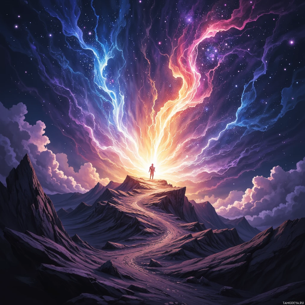 A lone figure stands atop a mountain peak, gazing at a vibrant, cosmic sky filled with swirling nebulae and stars.