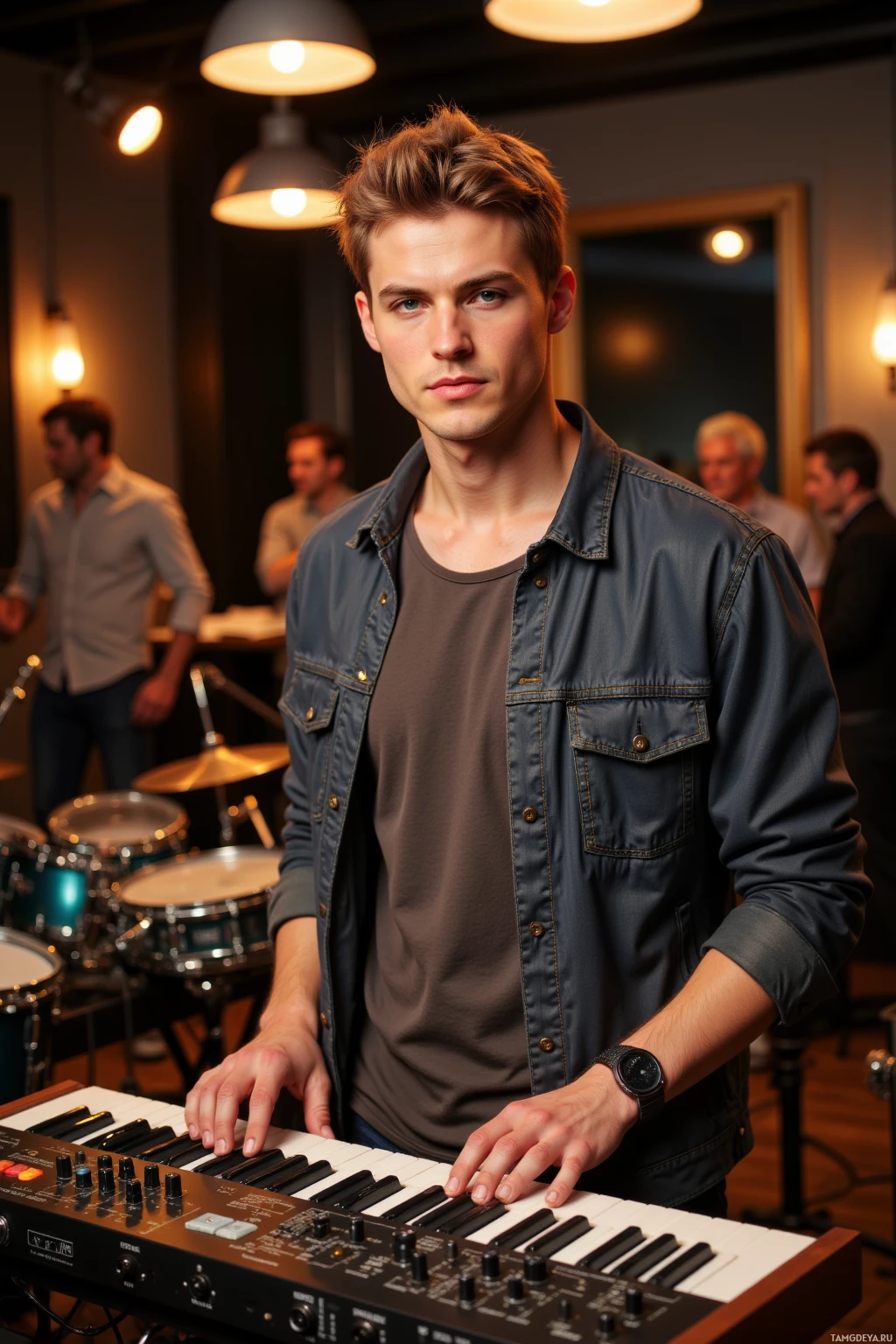 A young man stands in a music studio, playing a keyboard with a band in the background.