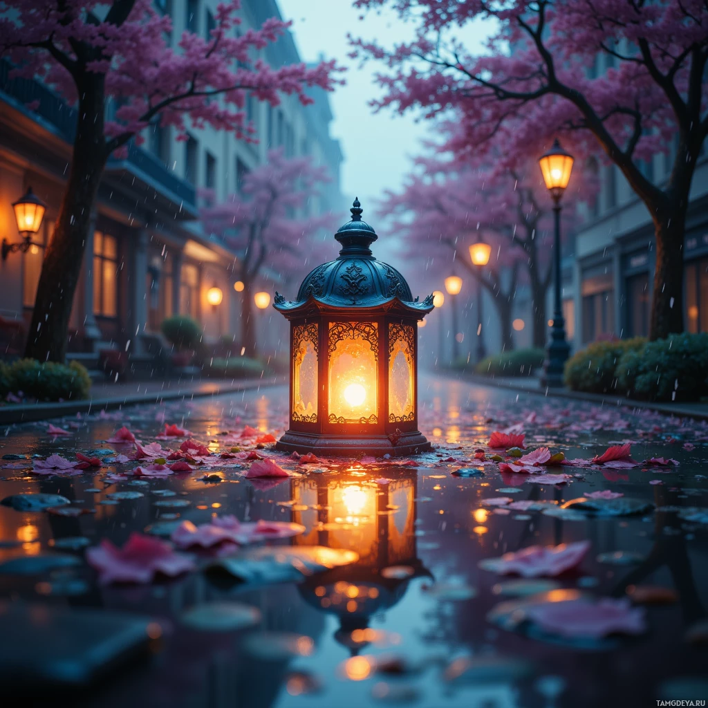 A serene rainy street scene with a glowing lantern and cherry blossoms.