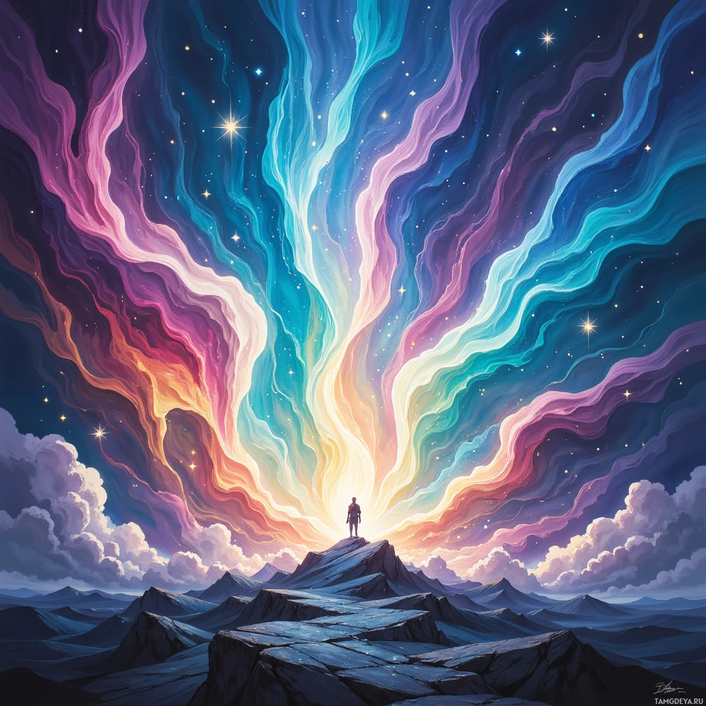 A lone figure stands atop a mountain under a vibrant, star-filled sky with swirling clouds.