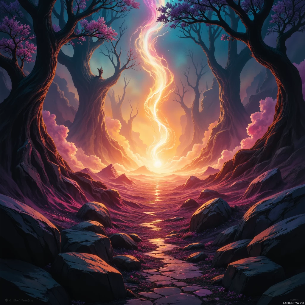 A fantastical landscape featuring a glowing path leading through a forest with tall, twisted trees and a vibrant sky.