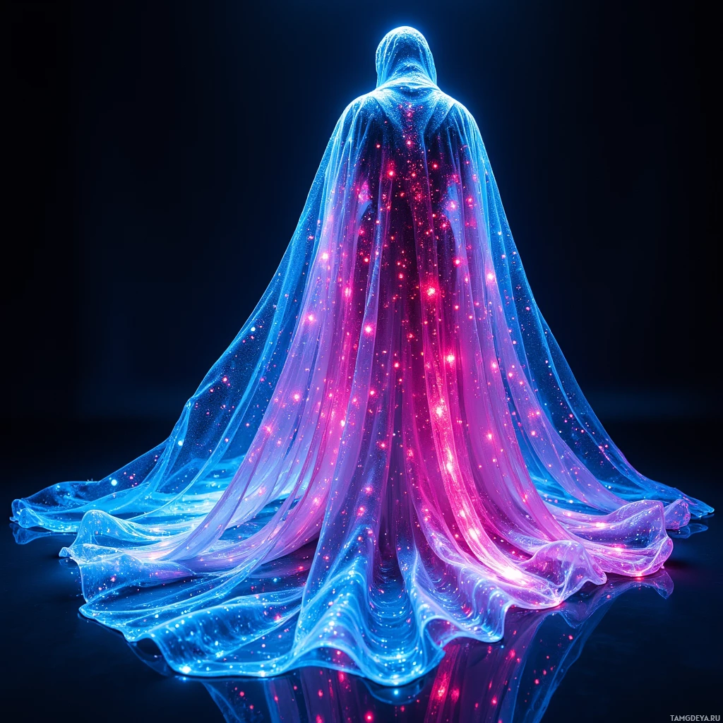 A glowing, ethereal figure draped in a luminous, flowing cape with a gradient of blue and pink hues.