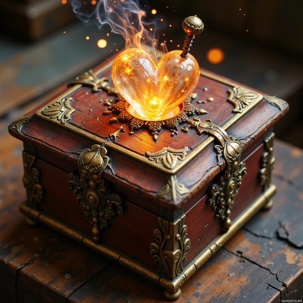 A glowing heart-shaped orb rests atop an ornate, antique wooden box with brass detailing.
