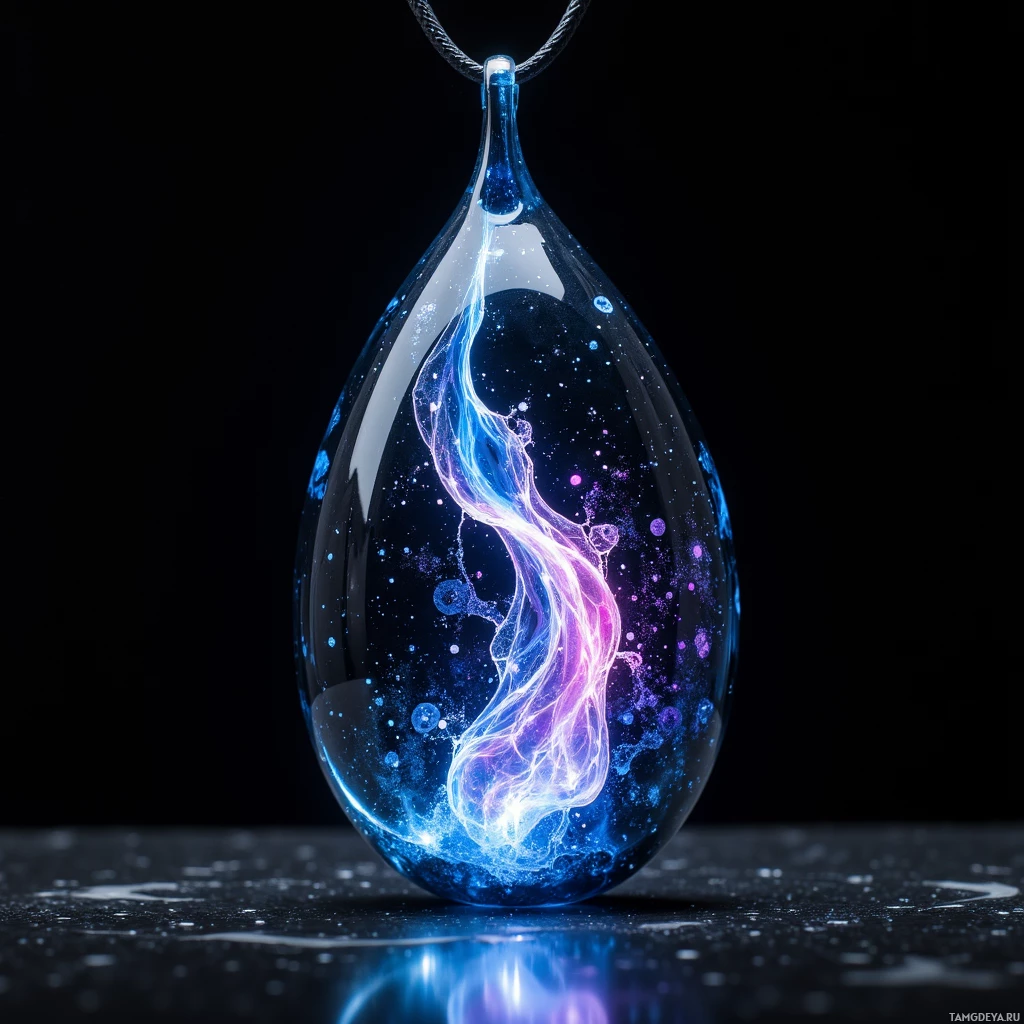 A teardrop-shaped pendant with a glowing, cosmic design featuring blue and purple hues and small particles.