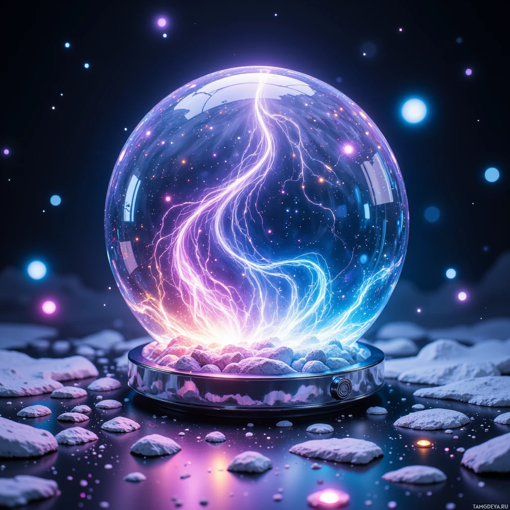 A glowing crystal ball emits vibrant lightning-like energy, set against a starry night sky.