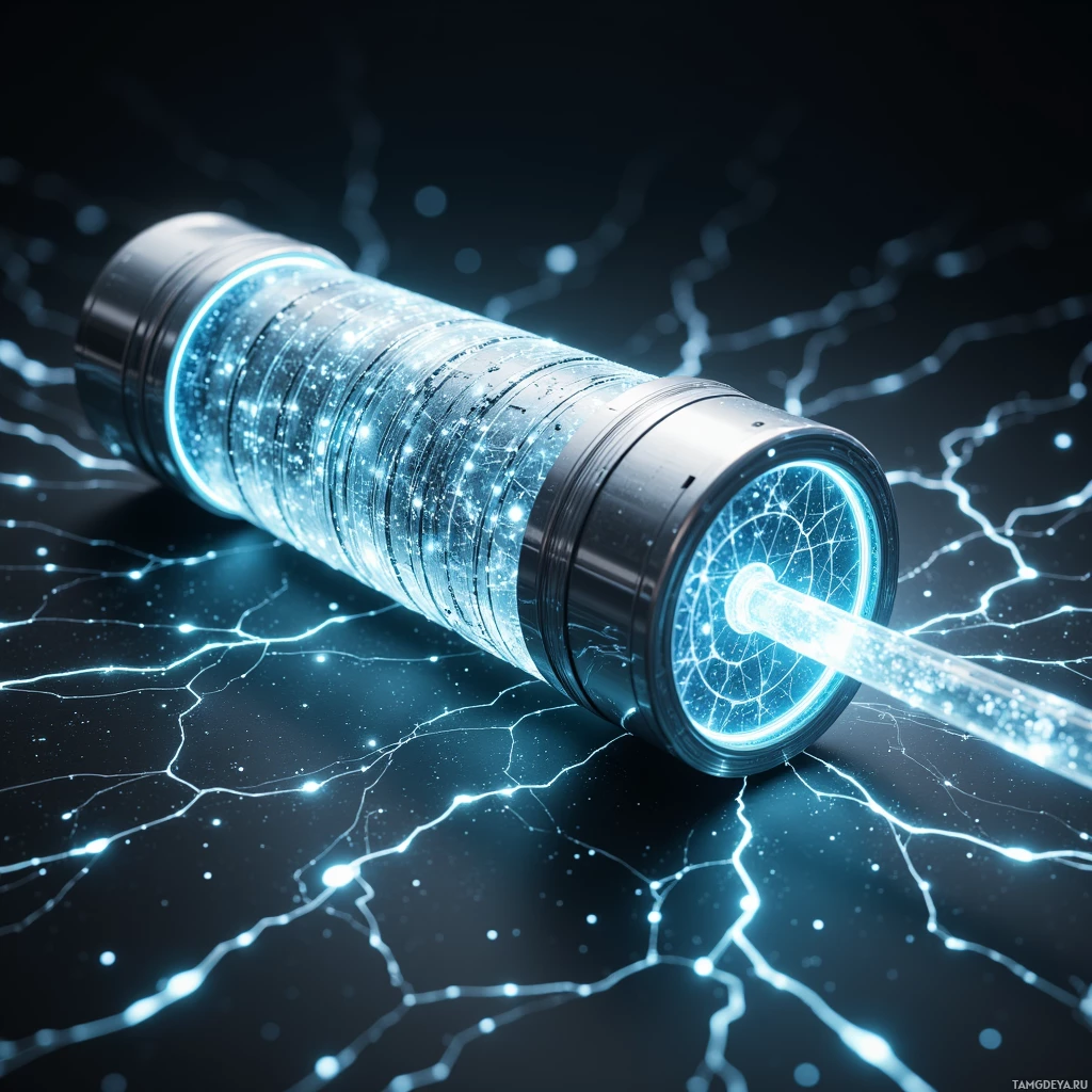 A cylindrical object emits bright blue light and energy lines against a dark background.