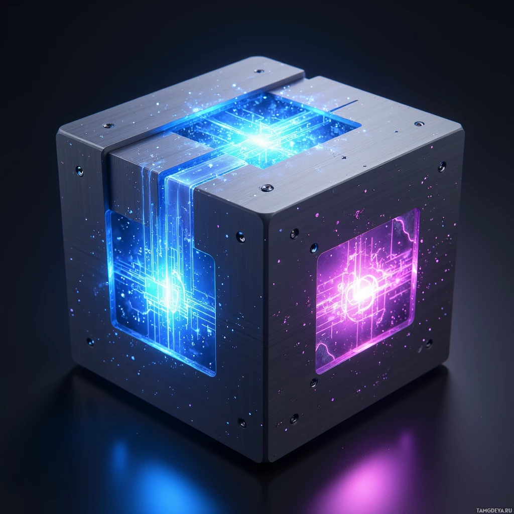 A metallic cube with glowing blue and purple lights inside, set against a dark background.