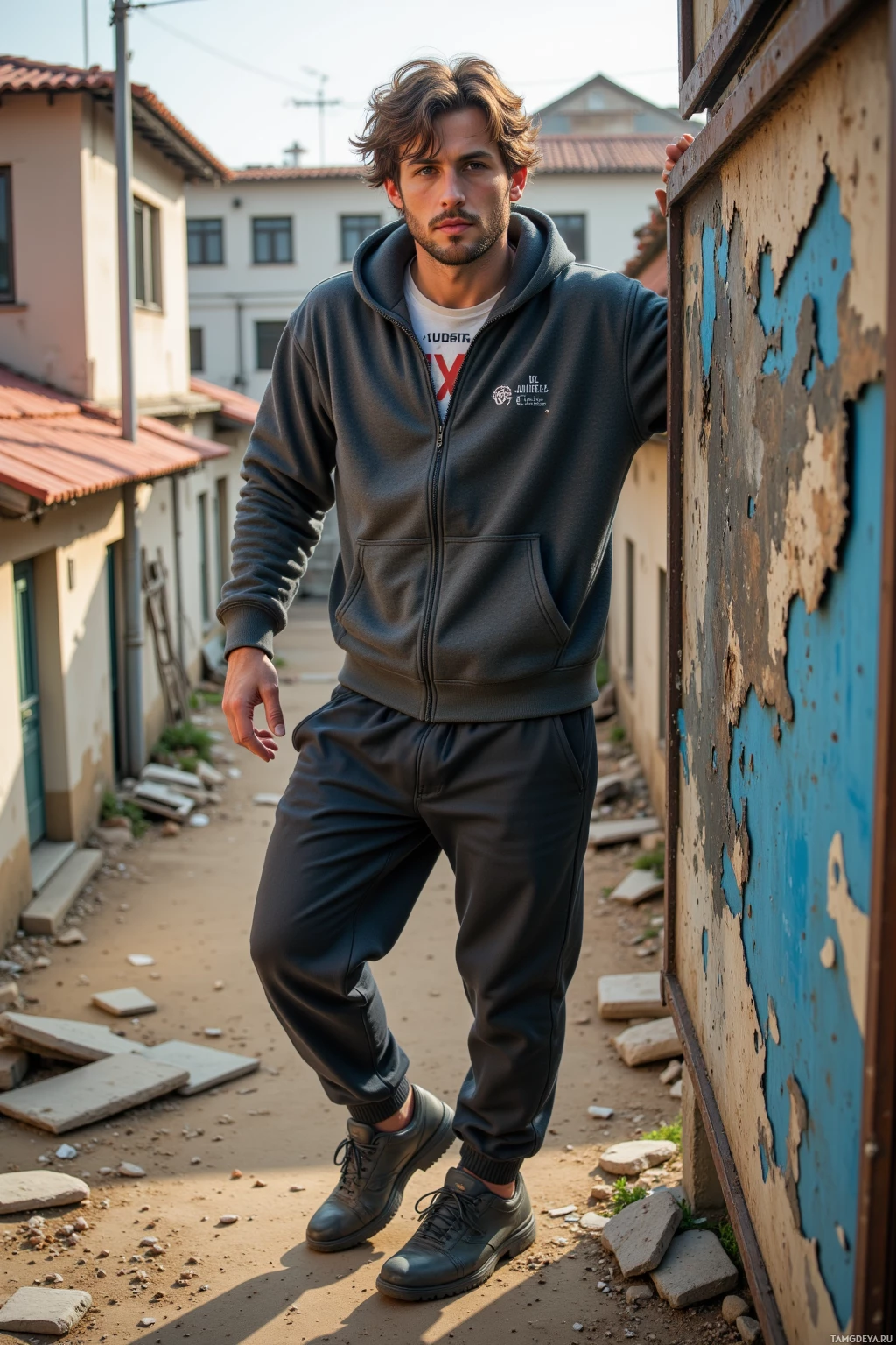 Realistic high quality photo. A 27‑year‑old man with messy brown hair, bright blue eyes, warm beige skin, wearing a gray hoodie over a graphic tee, dark joggers, worn sneakers, climbs a rusted abandoned billboard holding a wind‑tugged tarp, surrounded by crumbling courtyard debris, dirt‑filled streets, late afternoon light.