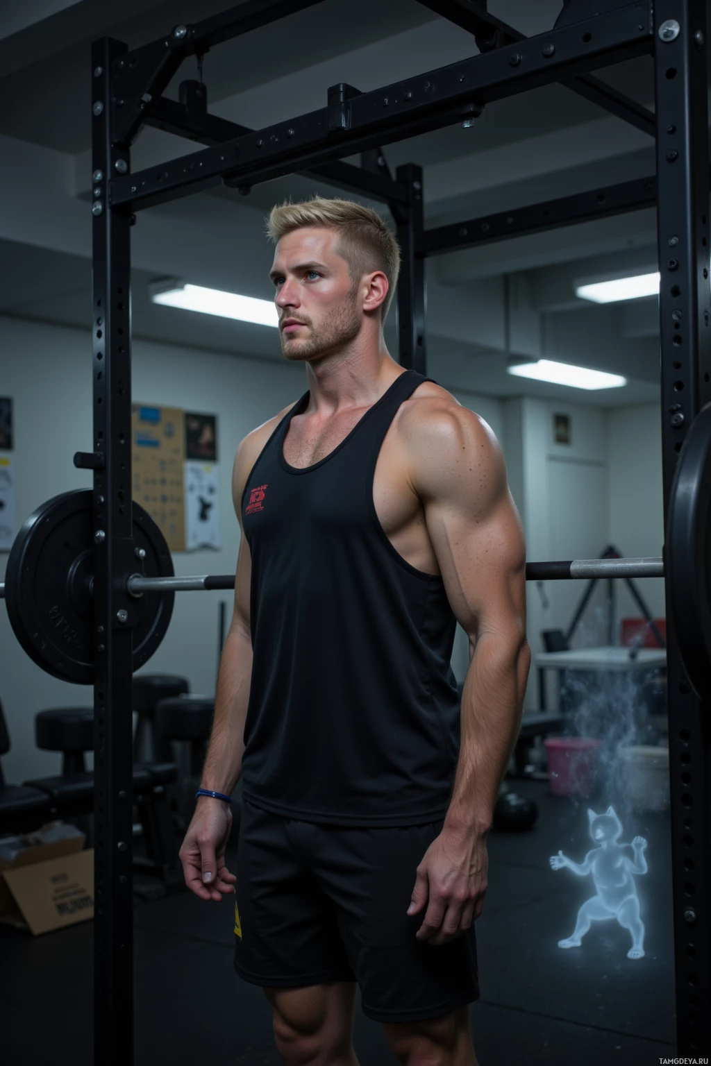 A muscular man in a gym wearing a black tank top and shorts stands near a weightlifting rack.