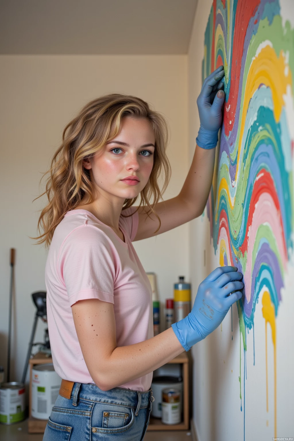 A person wearing a pink shirt and blue gloves stands in front of a colorful abstract painting.