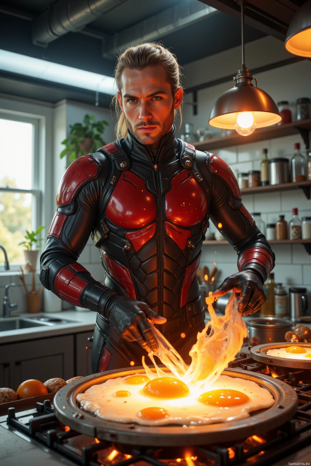 Realistic high quality photo. Male, 29, lithe, blonde hair slicked back, piercing blue eyes, sharp angular features, mischievous grin, wearing a form‑fitting black and red stealth outfit with sleek armor panels, stands in a futuristic kitchen at dawn, flipping eggs that flare like a sunrise on a quantum‑powered combustion stove fused to a spice rack, while blinking kitchen lights pulse rhythmically.