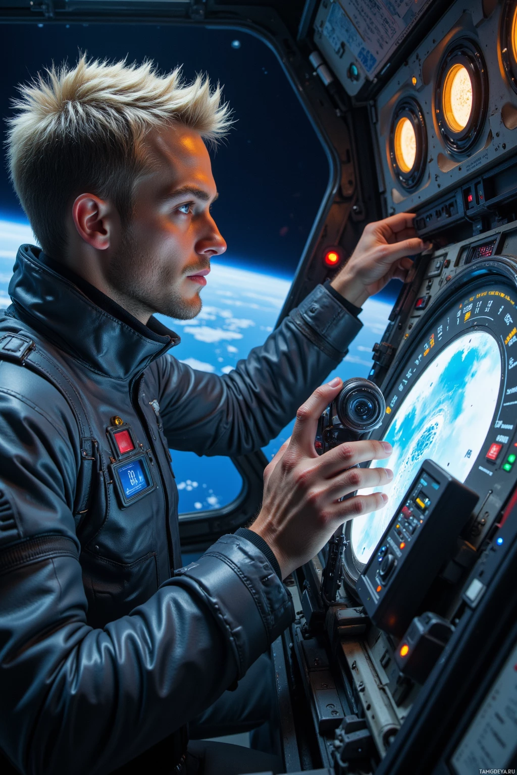 Realistic high quality photo. Male, 39, frosted blonde hair tips, sharp blue eyes, pale skin, wearing a rugged insulated flight suit, stands in an orbital platform laboratory, aligning a spectral array of telescopic sensors with glowing data readouts, orbiting Earth at twilight, a faint carbon plume map projected on a screen, focused expression, precision engineering detail.