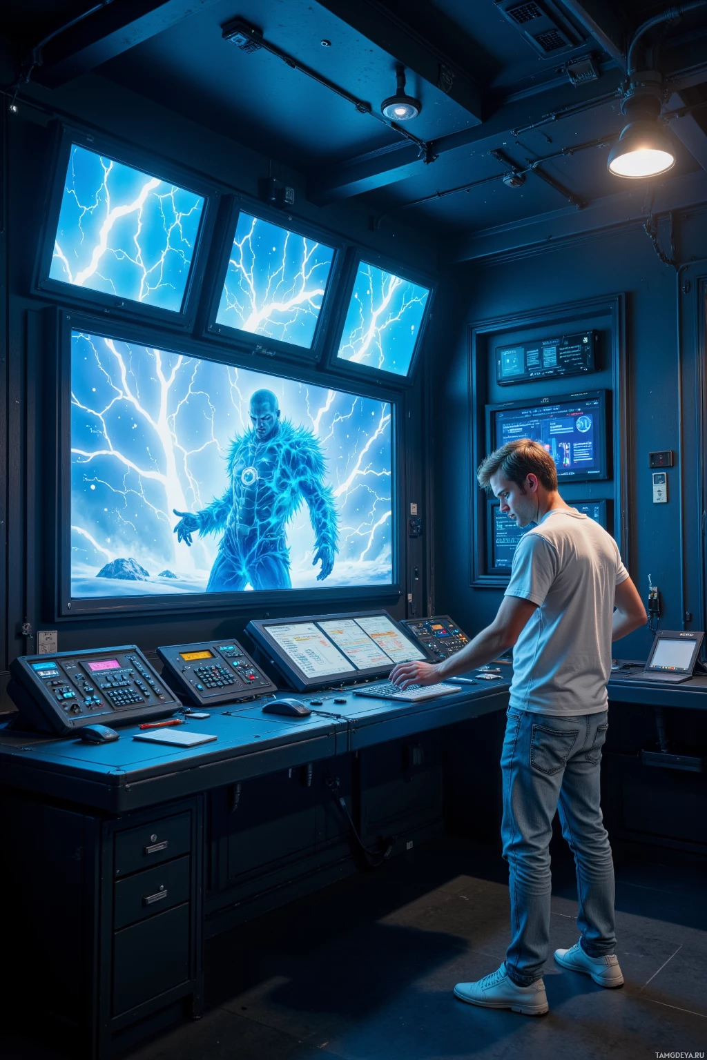 A man stands at a control panel in a dimly lit room with a large screen displaying a blue, electrically charged figure.
