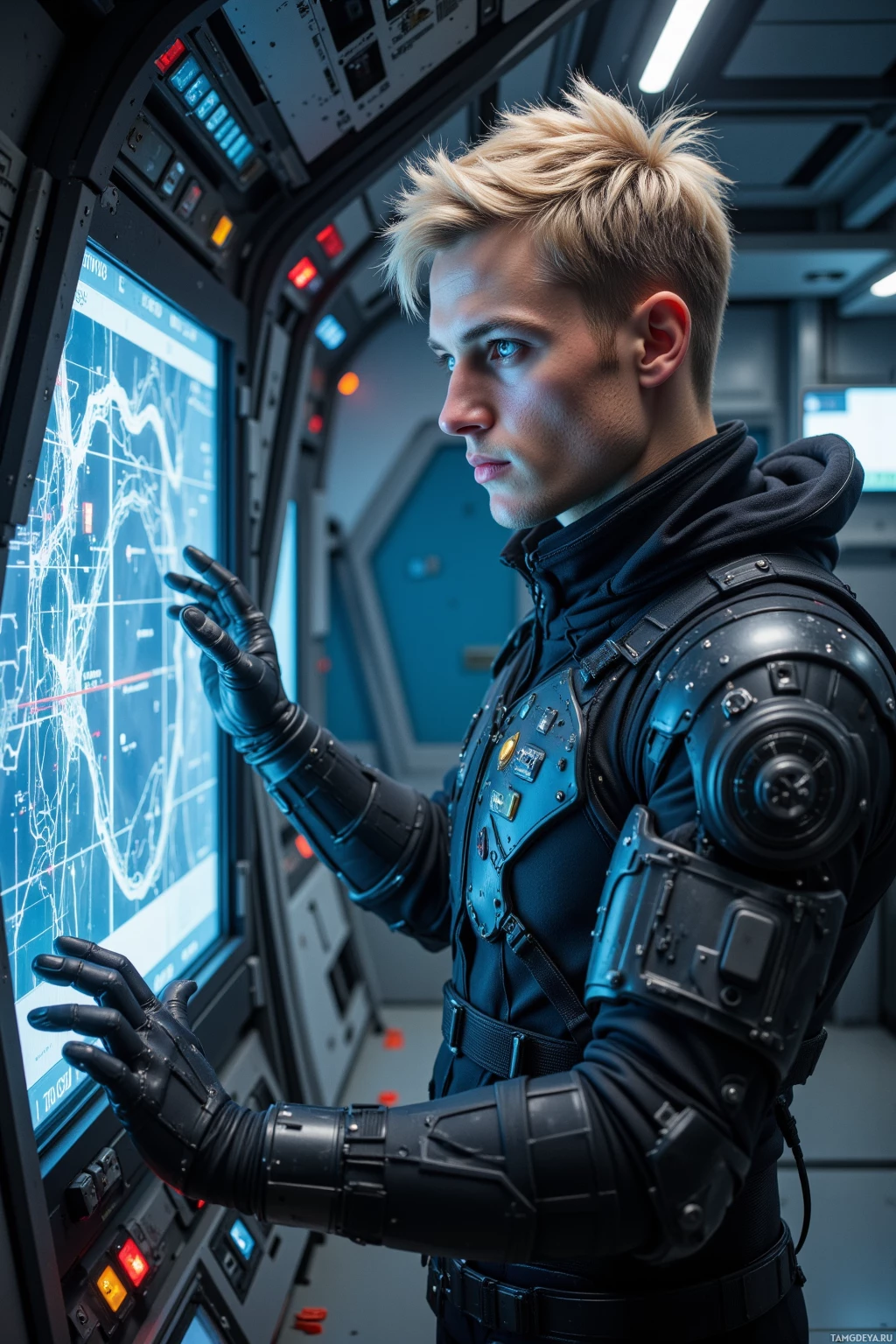 Realistic high quality photo. A striking male, 35, short light blonde hair, piercing blue eyes, pale skin with seamless metallic limbs, wearing a sleek black jumpsuit and utility belt, calmly adjusting holographic telemetry panels on an orbital platform control console, flickering precision lights casting measured shadows, mechanical components humming.