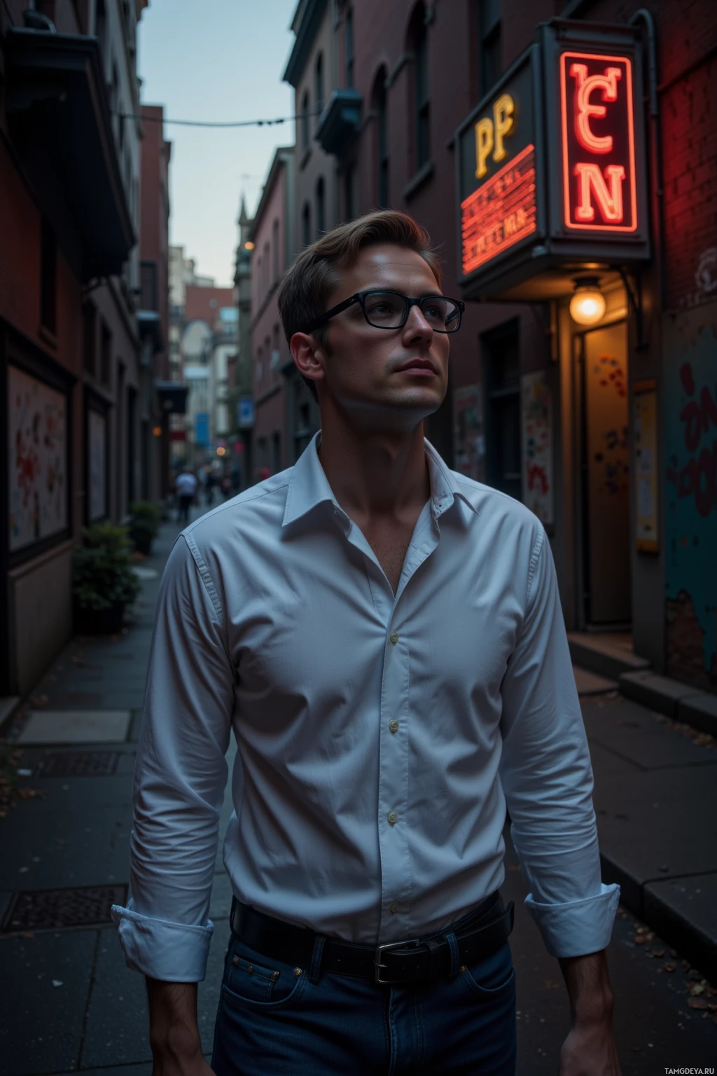 Realistic high quality photo. Man, 33, short light brown hair, blue eyes, wearing a crisp white shirt with rolled-up sleeves and black-rimmed glasses, walks down a dim evening alley past an abandoned cinema with a peeling, faintly glowing sign, noting uneven brickwork and subtle paint color shifts as twilight fades into night, notebook in hand.