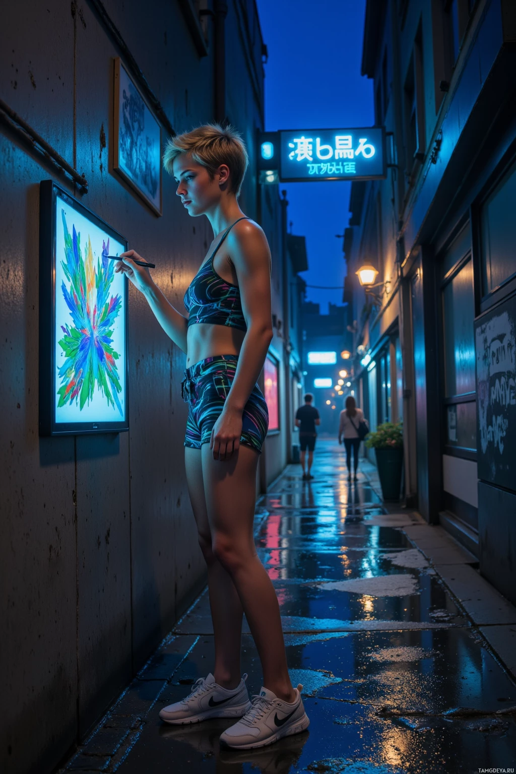 A person stands in a dimly lit alleyway at night, holding a pen near a glowing digital artwork on the wall.