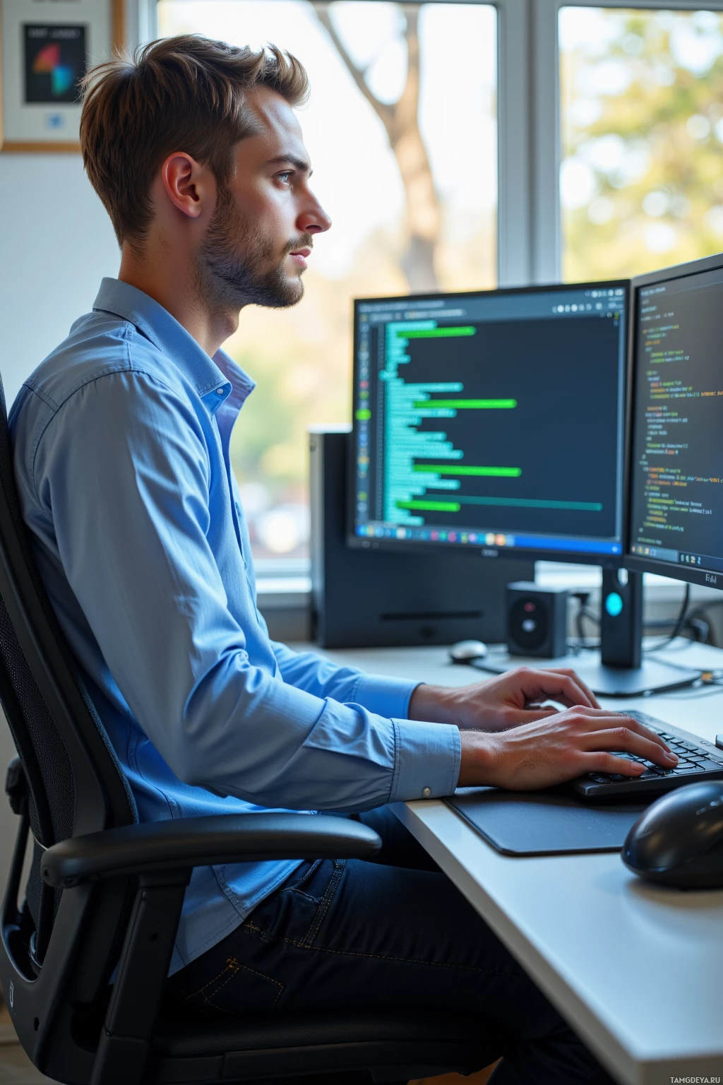 A person is seated at a desk working on a computer with multiple monitors displaying code.
