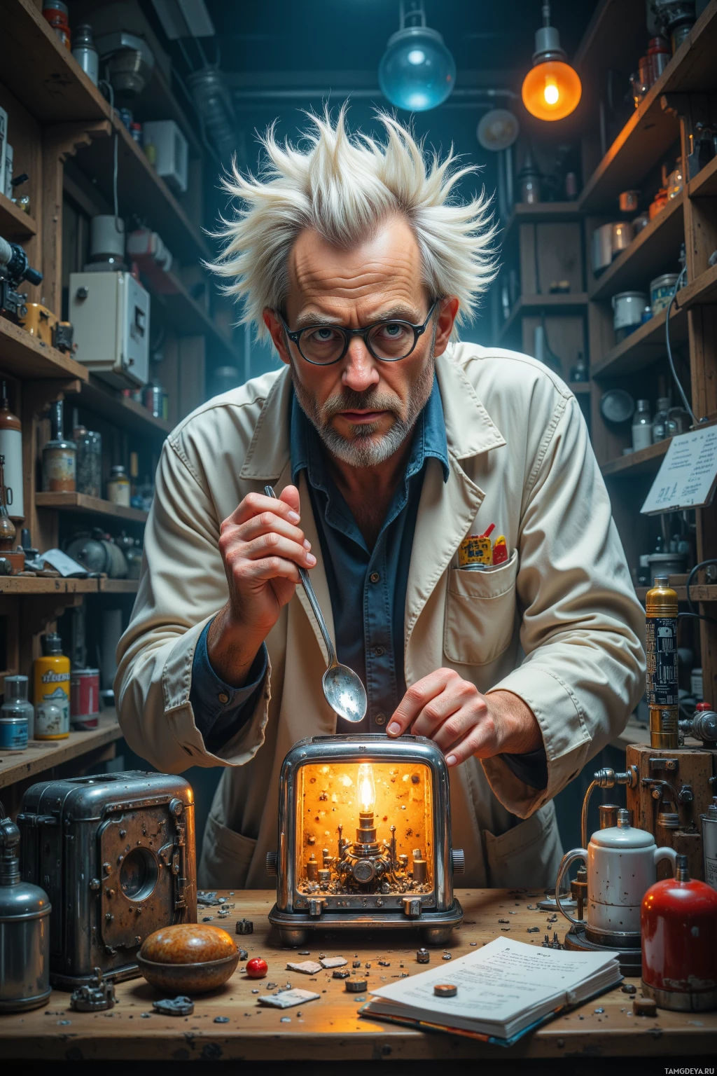 A man in a lab coat examines a glowing, intricate device in a workshop setting.