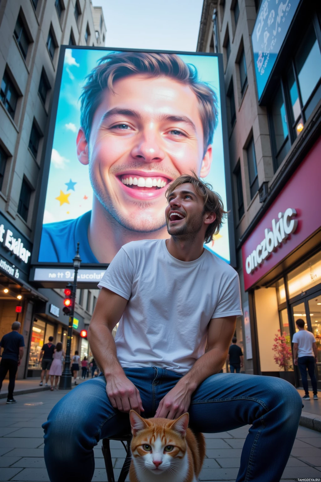 A man sits on a stool in front of a large billboard featuring a smiling face.