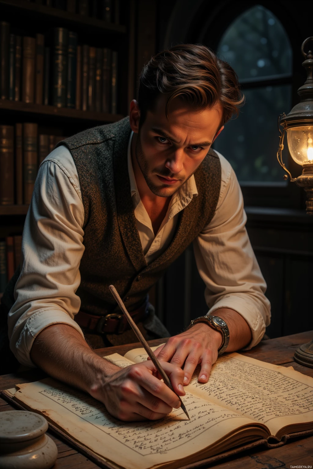 A man in a vest and shirt is writing in a book with a quill pen in a dimly lit room.