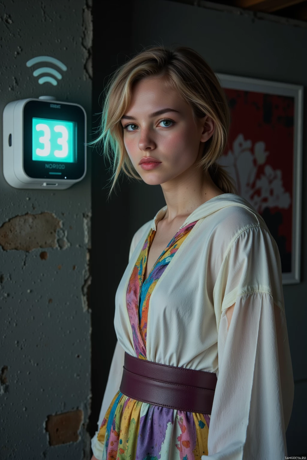 A woman stands indoors near a wall with a digital device displaying "33".