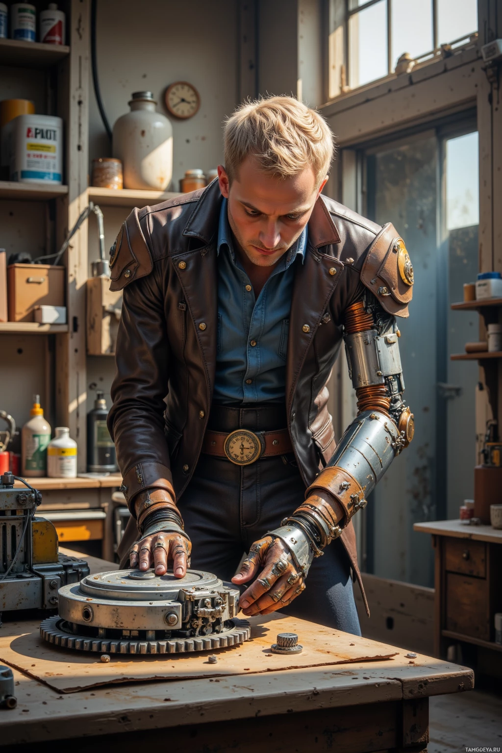 A man in a leather jacket and steampunk-inspired arm works on a mechanical device in a workshop.