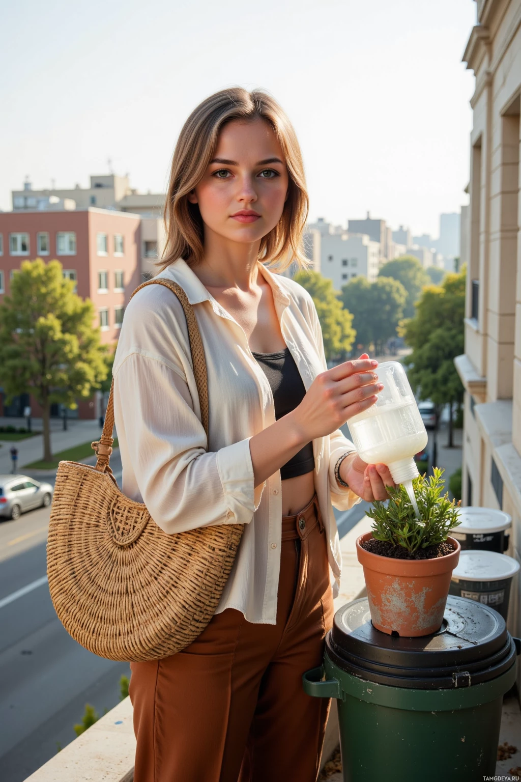 Realistic high quality photo. Woman, 38, shoulder‑length brown hair, warm hazel eyes, smooth porcelain skin, wearing earth‑toned casual clothing and a flowing white shirt, carrying a woven basket bag, cradles a potted succulent while watering it with a repurposed plastic bottle self‑watering system, standing beside a small compost bin on her balcony at early morning light, with a city street in the background lined with young saplings.