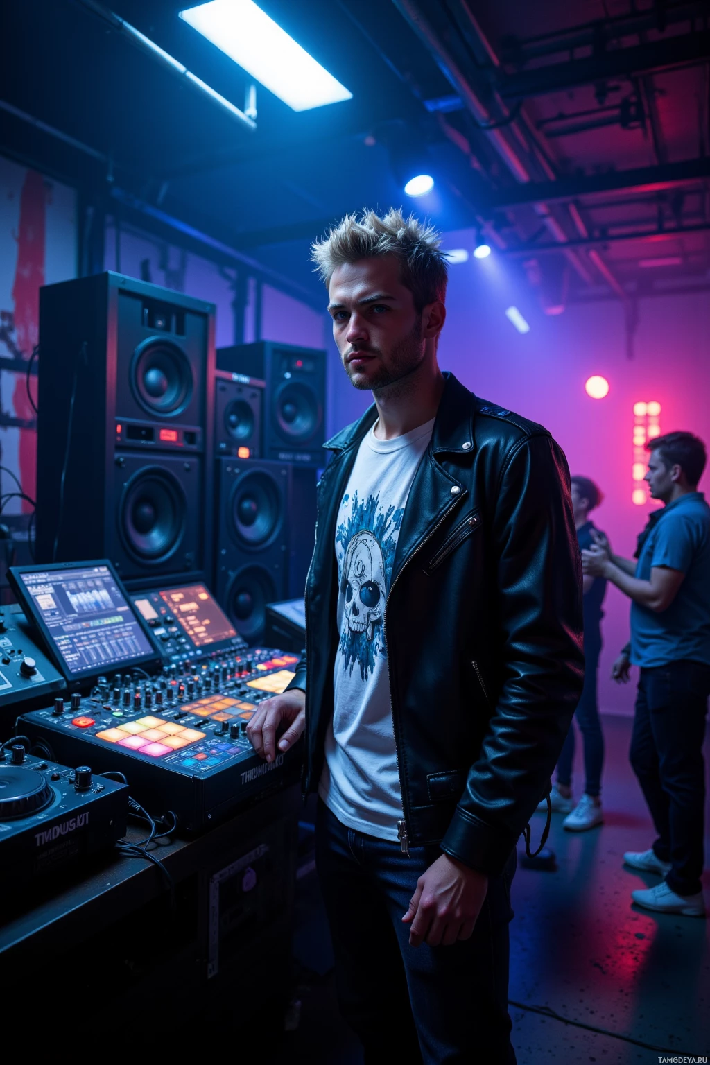 Realistic high quality photo. A 30‑year‑old man with short spiky blonde hair, bright blue eyes, wearing a black leather jacket over a white graphic t‑shirt and dark jeans, stands in a dimly lit underground studio at night, mixing audio on a large console surrounded by glowing speakers and cables, as the room vibrates from a sudden drop and a few onlookers cheer in the background.