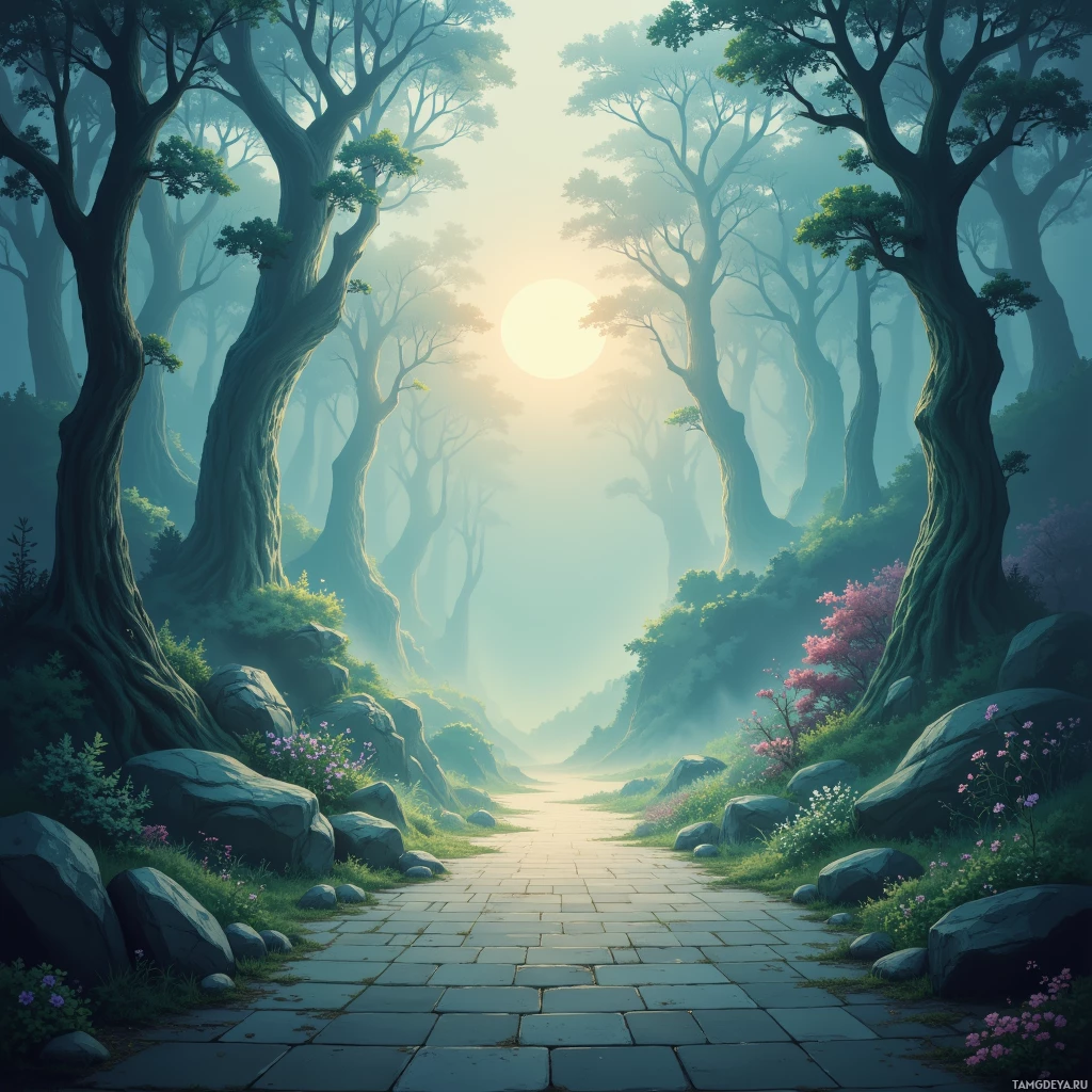 A serene forest path leads through tall trees and blooming flowers under a soft, glowing sun.
