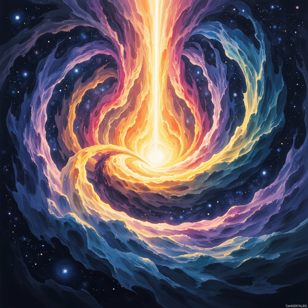 A vibrant cosmic swirl with fiery and celestial hues against a starry background.