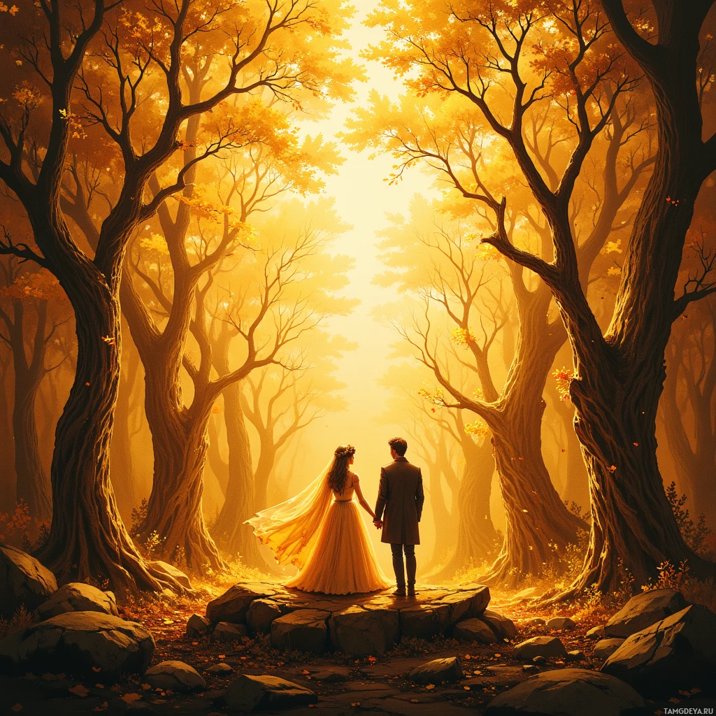 A couple stands hand-in-hand in a golden, misty forest at sunset.