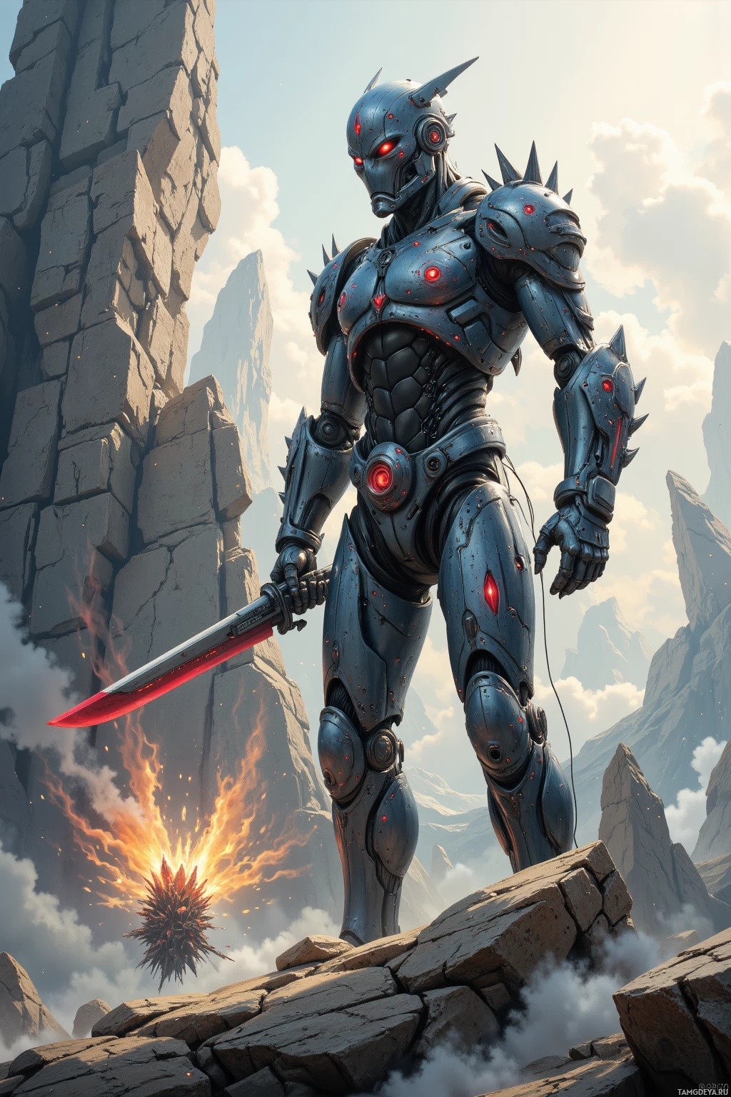 Realistic high quality photo. 40‑year‑old male towering robotic hunter, no hair, cold metallic skin, jagged spikes, piercing red optics, dark armored exosuit calibrating a silent blade on a high‑altitude orbital platform, a small drone trailing him as he pursues a laughing rogue asteroid under afternoon light.