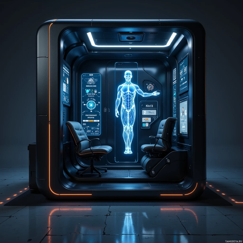 A futuristic medical or research pod with a glowing human figure and control panels.