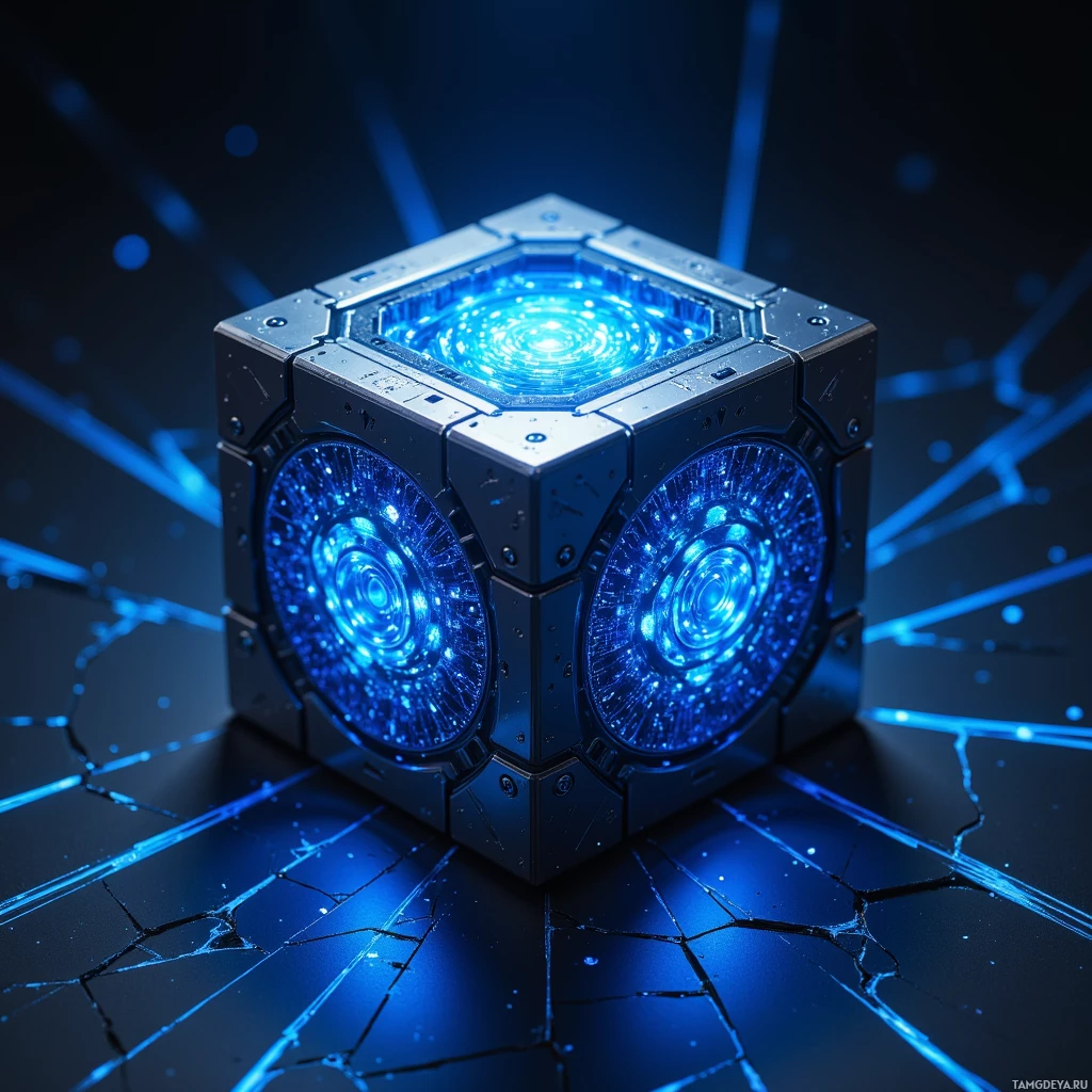 A futuristic metallic cube with glowing blue lights and intricate designs.