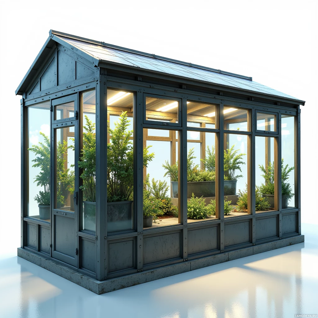 Semi-abstract image with many light, that is suitable for the post:  Rugged industrial greenhouse unit with a dark steel frame, large transparent glass panels, integrated solar panel array on a sloped roof, a visible lithium battery housing, exposed cable connections, matte gray finish with subtle green photovoltaic cells, compact portable shape.