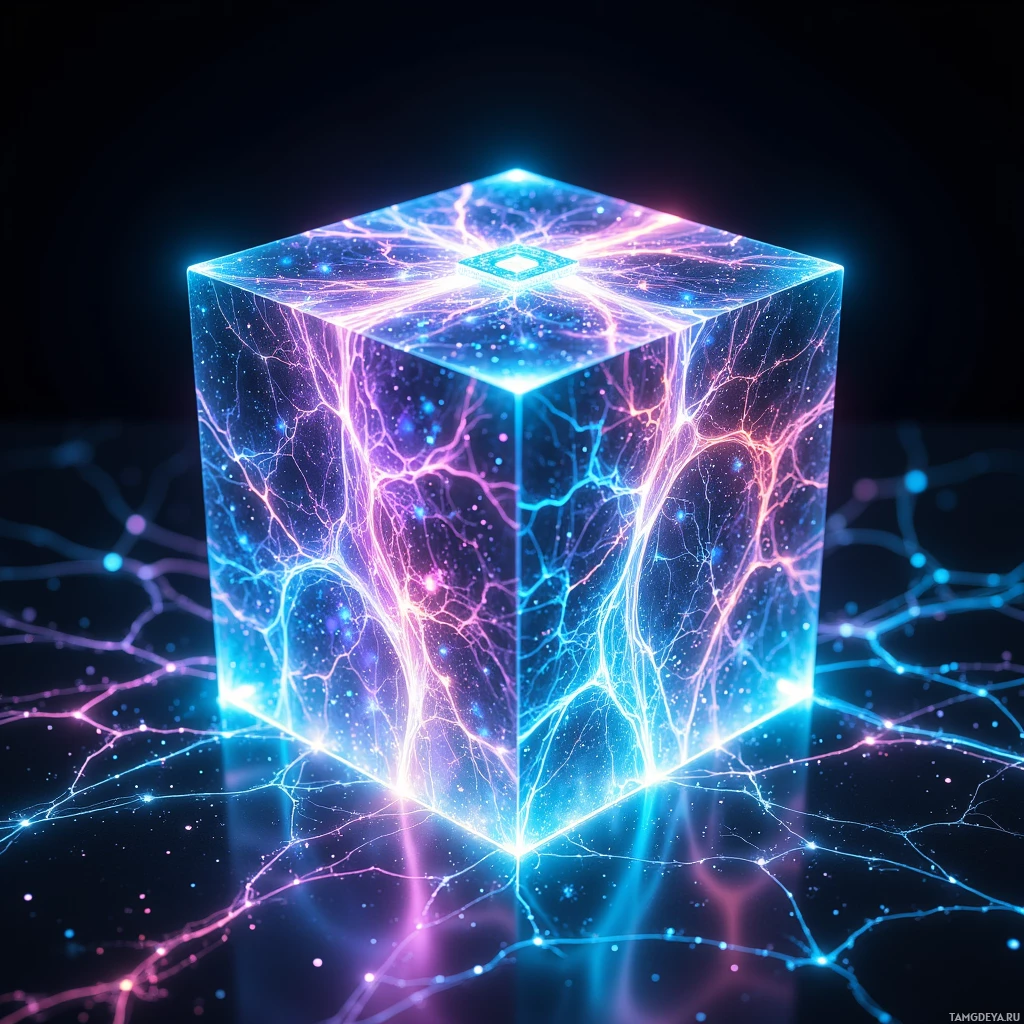 A glowing, transparent cube with intricate, branching patterns of light in blue and pink hues.