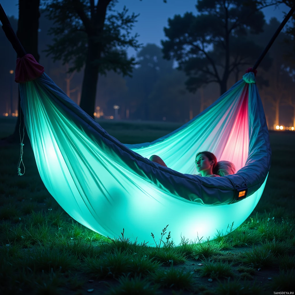 A person lies in a glowing hammock in a serene, dimly lit outdoor setting.