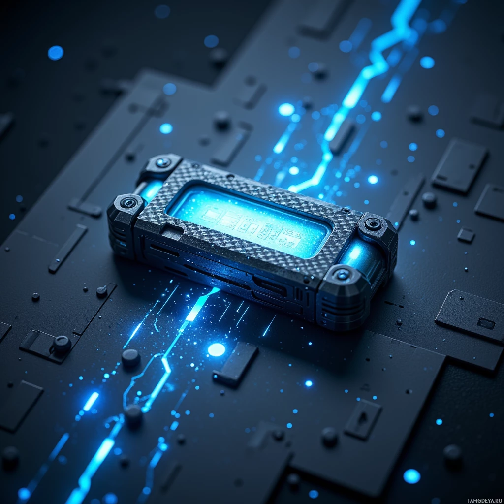 A futuristic device with glowing blue lights rests on a circuit board.