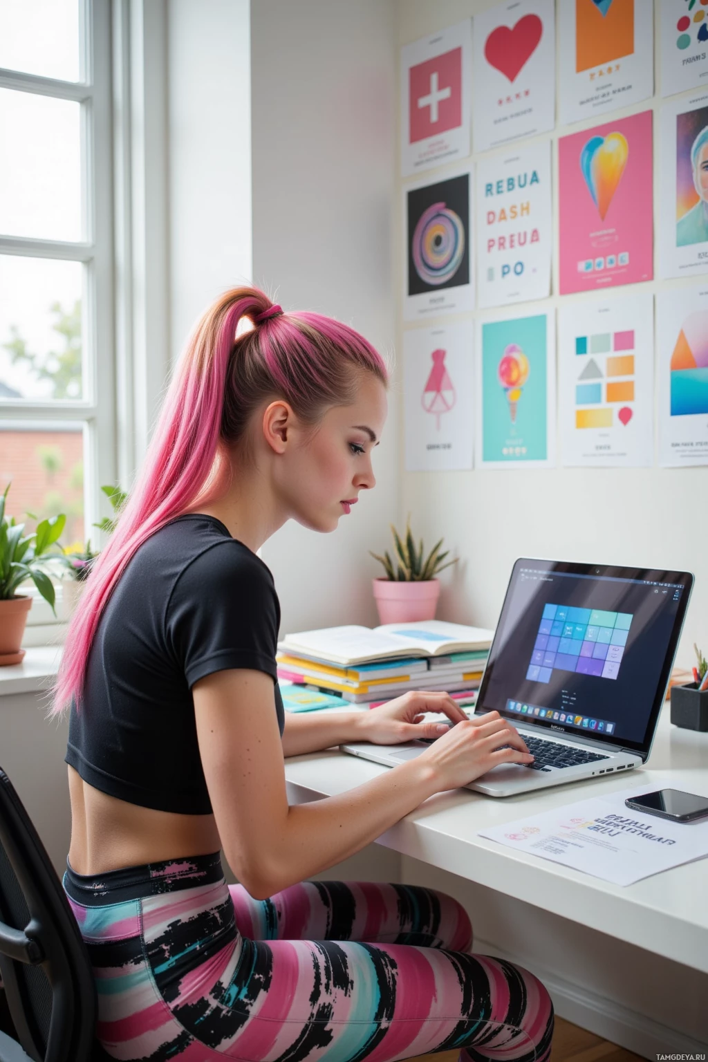 A person with pink hair is working at a desk with a laptop and books.