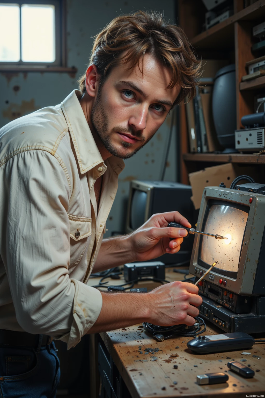 A man is working on an old television set in a workshop.