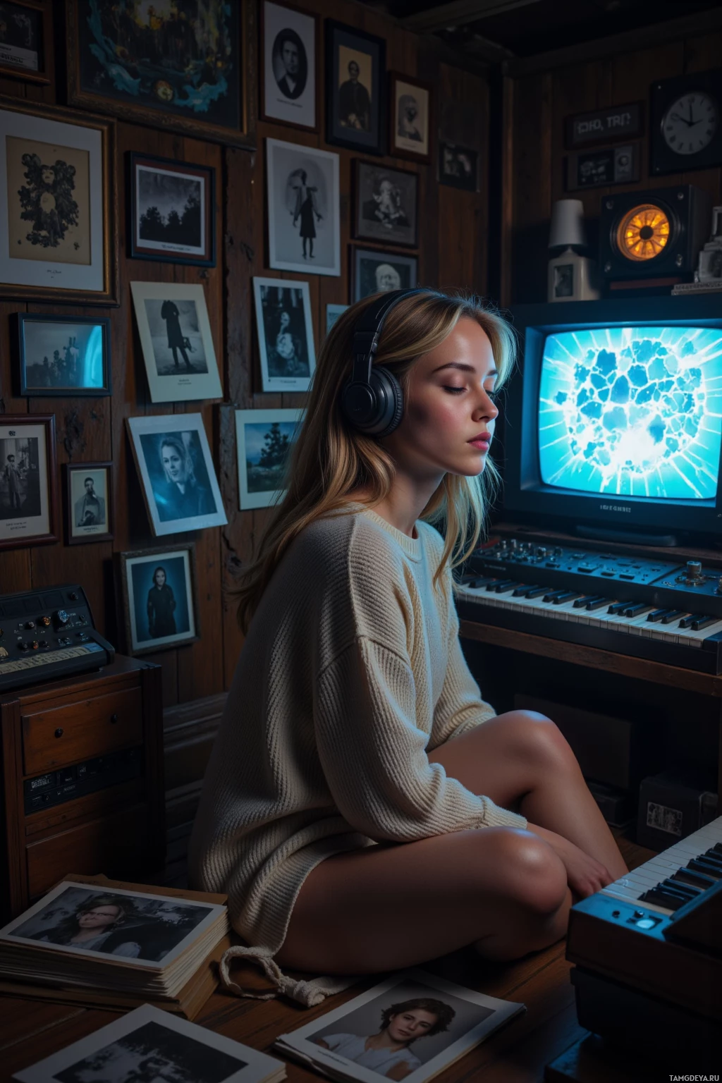 A person wearing headphones sits in a dimly lit room with framed photos on the wall, a vintage television displaying a bright image, and a keyboard in front of them.