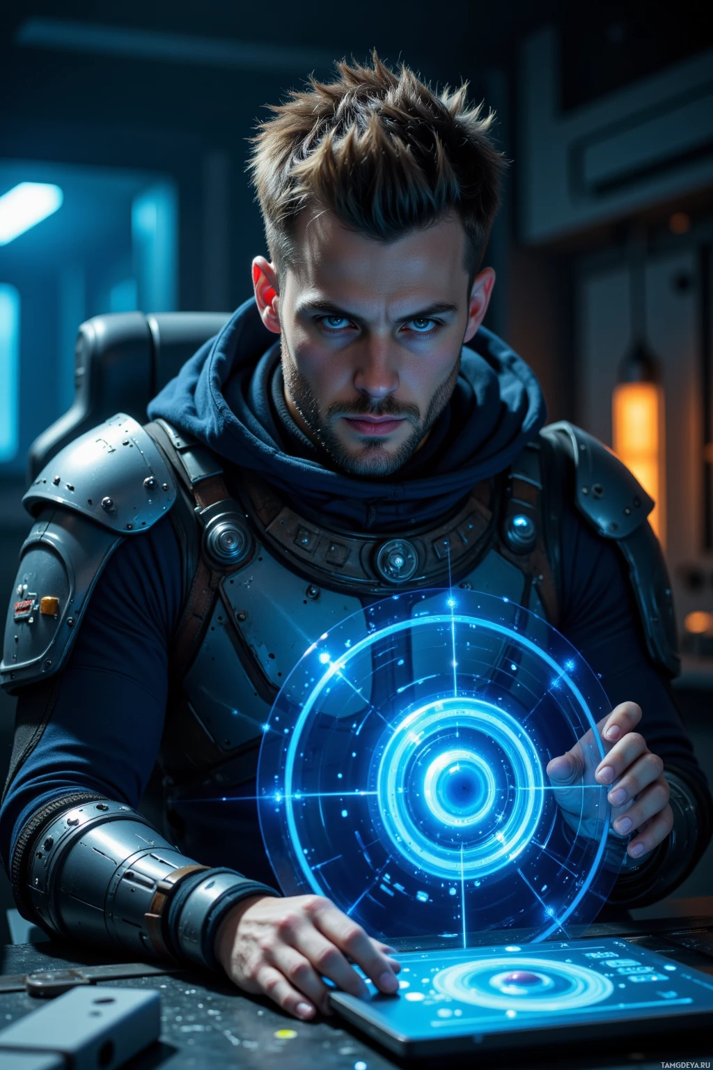 A person in futuristic armor interacts with a glowing, circular interface.