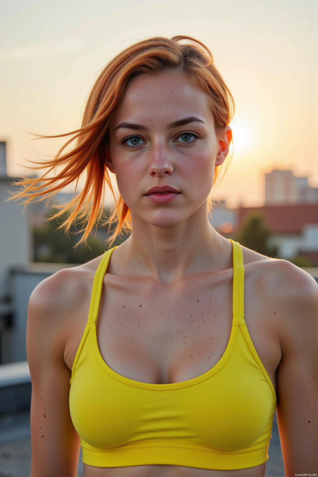 A woman with red hair wearing a yellow sports bra stands outdoors with a sunset in the background.