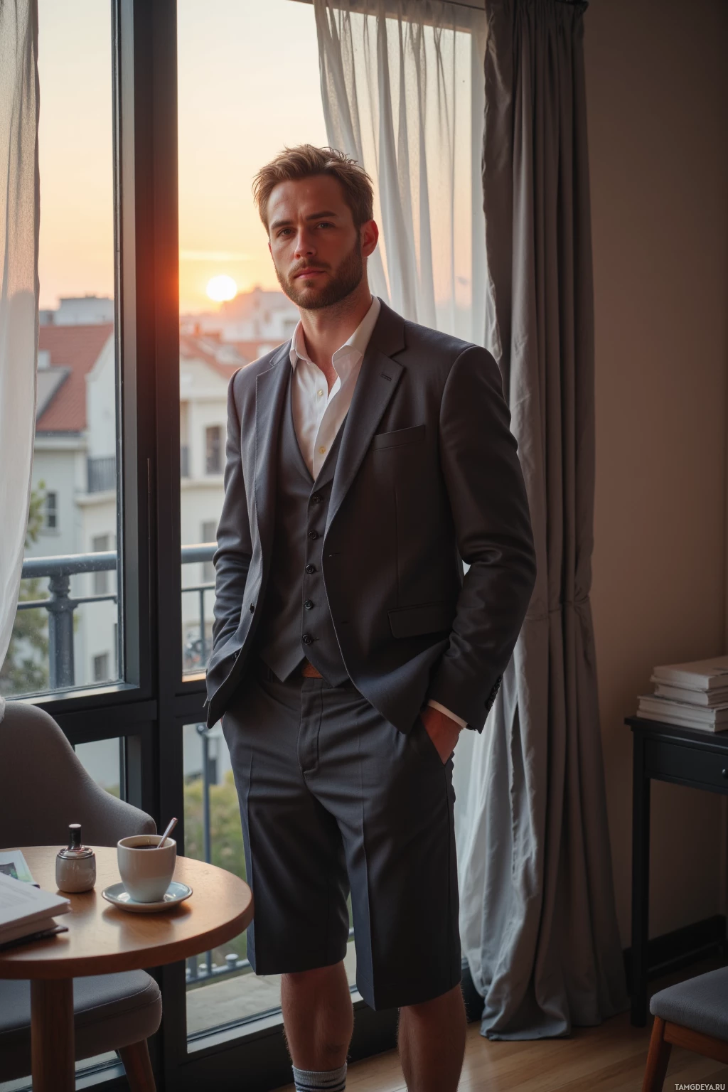 A man in a suit stands by a window with a sunset view.