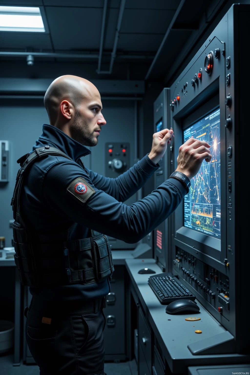 A man in tactical gear operates a control panel in a dimly lit room.