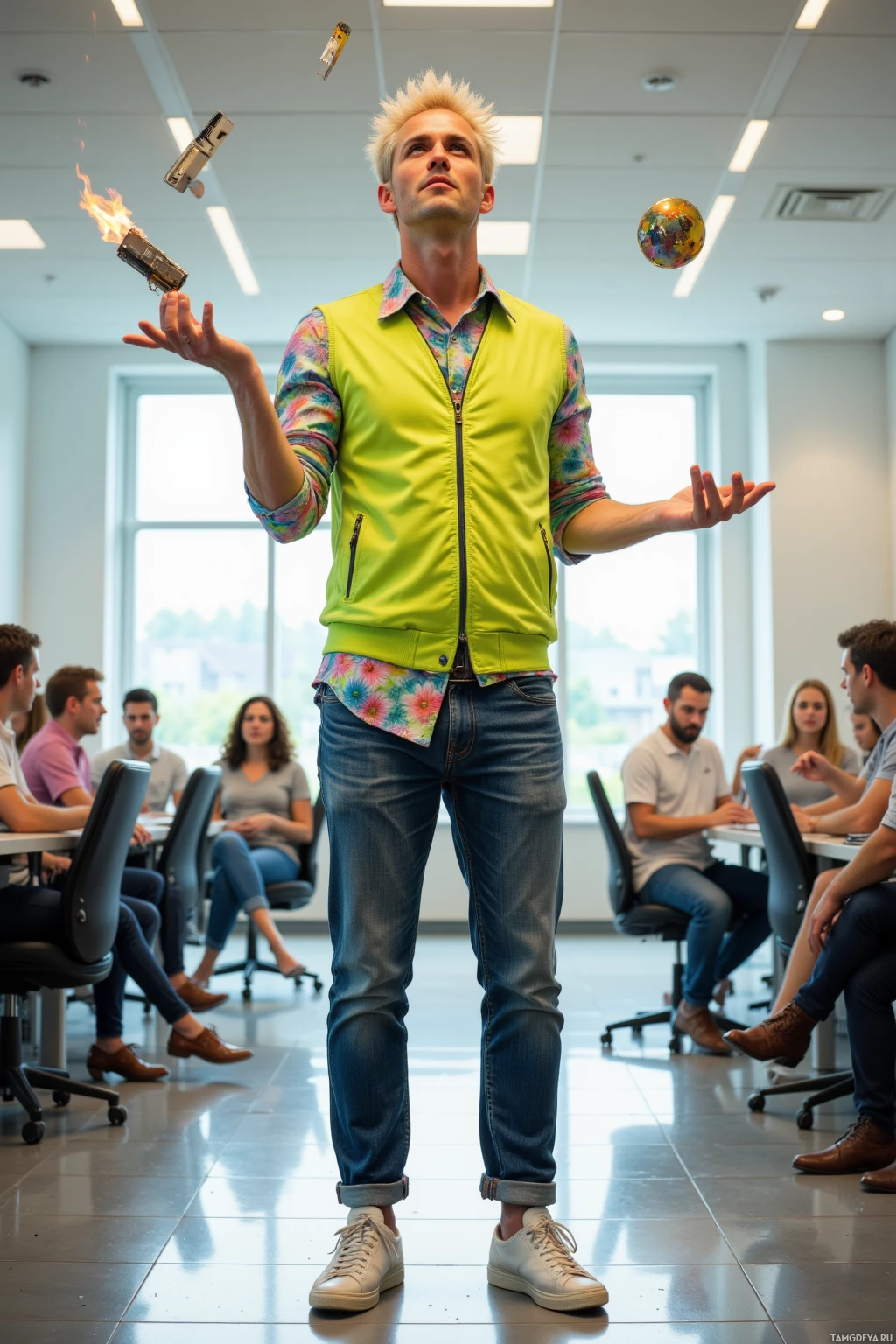 A man in a colorful shirt and jeans stands in a room with others seated at tables, holding a lit object in one hand.